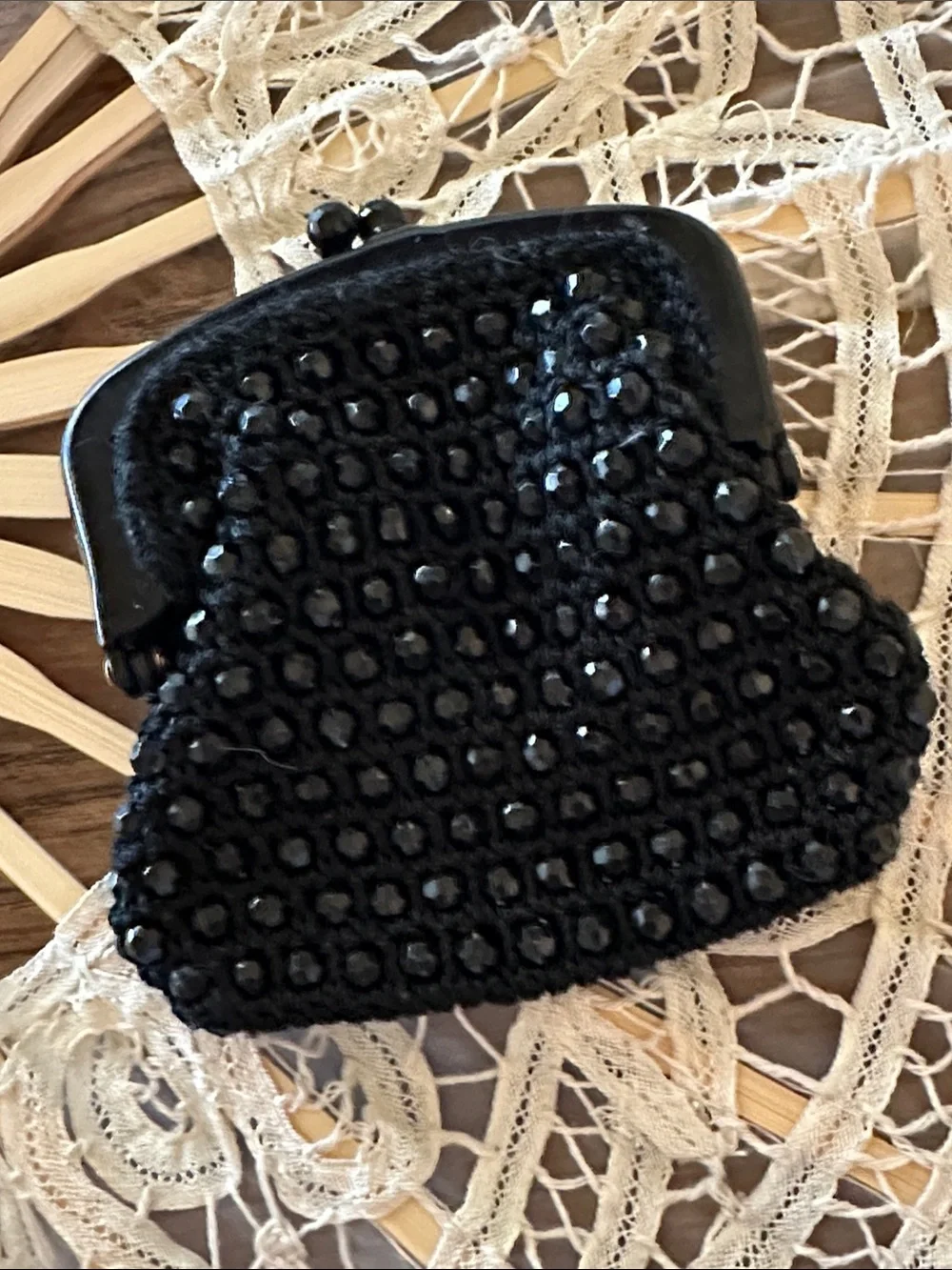 Delilli Made in Italy Vintage Black Beaded Evening Coin Purse w/kiss closure